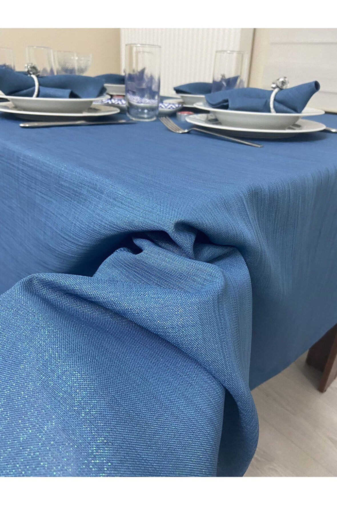 Simli Keten Görünümlü Begonvil Masa Örtüsü Indigo Mavi 25 Parça Set