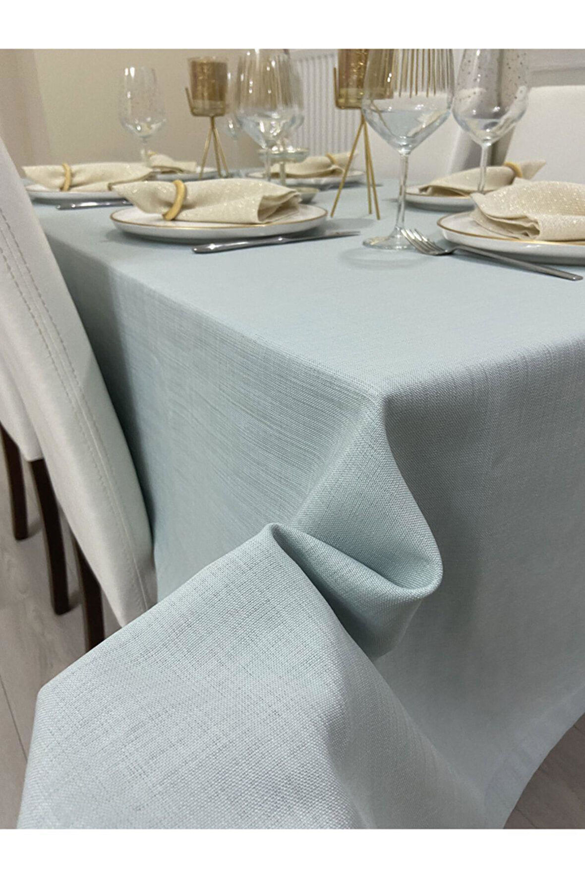 Keten Görünümlü Simsiz Begonvil Masa Örtüsü Açık Mint 13 Parça