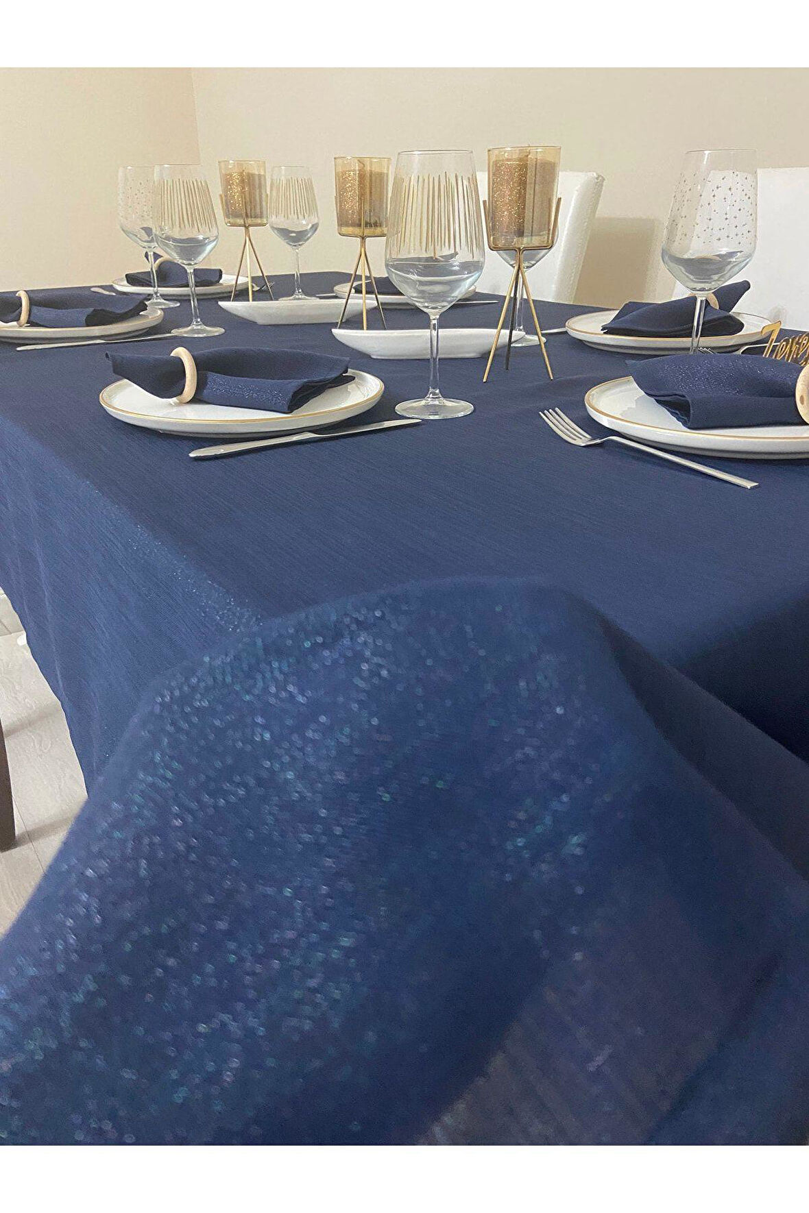 Simli Dertsiz Salon Masa Örtüsü Lacivert 13 Parça