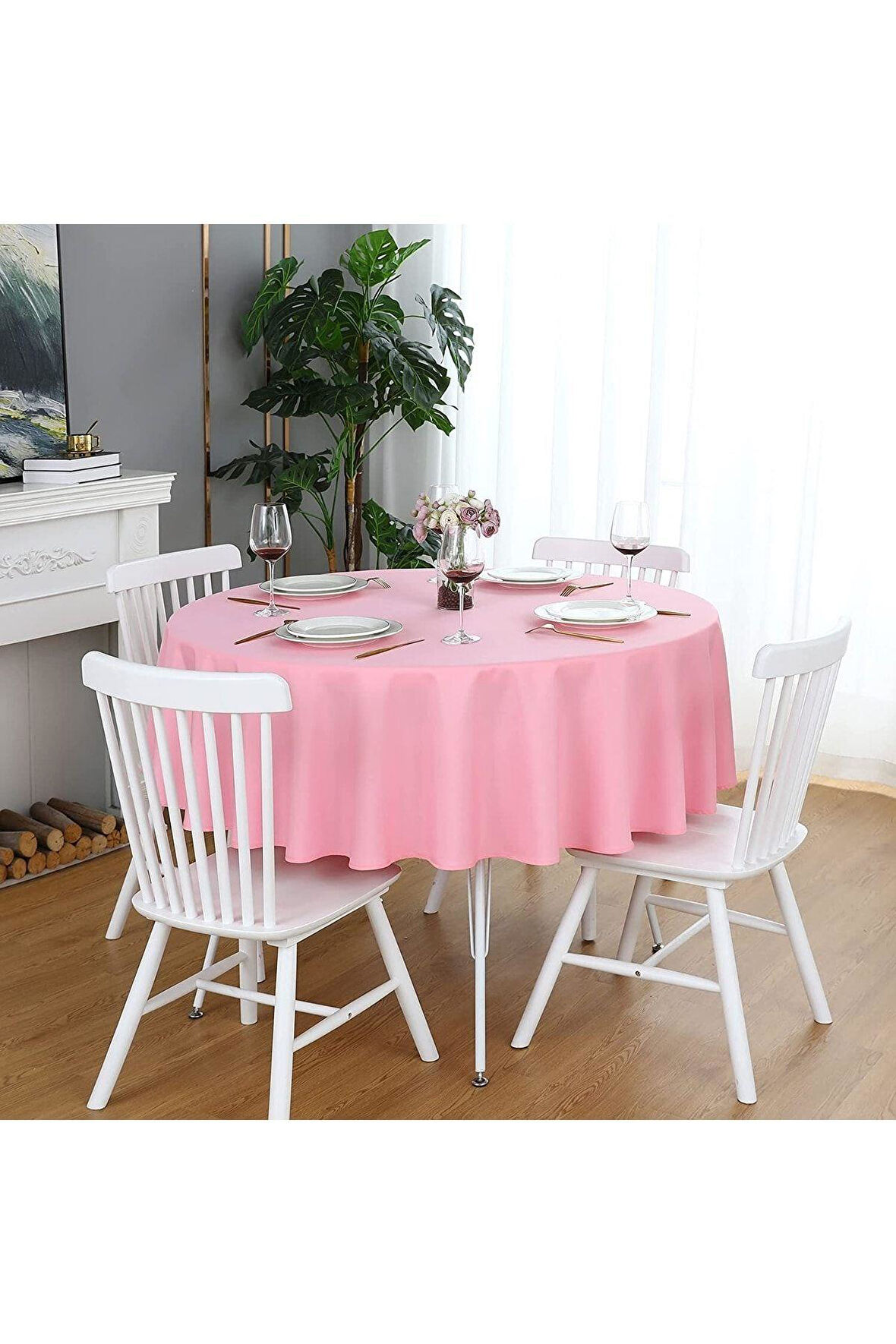 Sıvıya Dayanıklı Yuvarlak Dertsiz Keten Masa Örtüsü Pembe