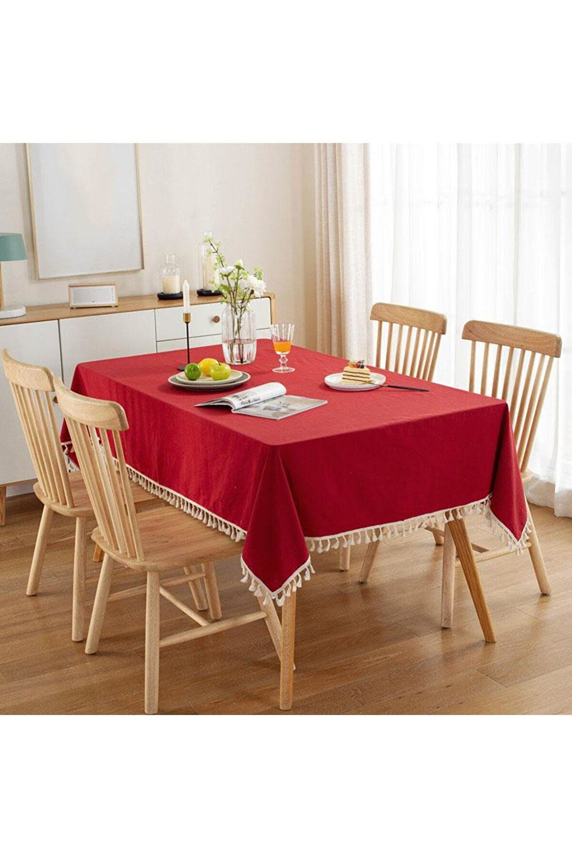 Püskül Detaylı Sıvı Geçirmez Dertsiz Masa Örtüsü
