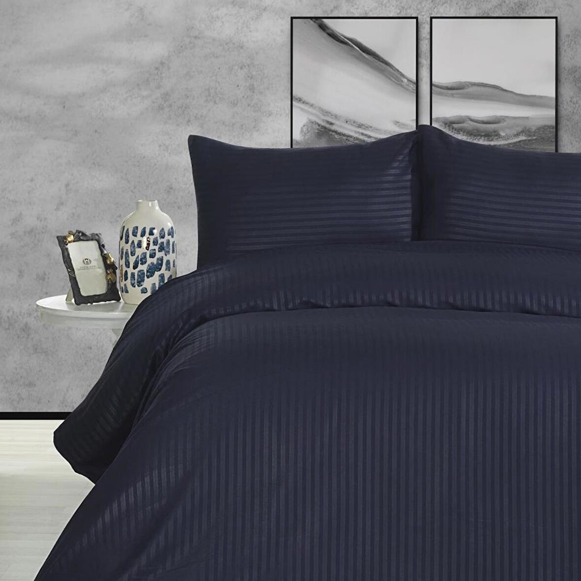 Tek Kişilik Saten Nevresim Takımı Basic Stripe Lacivert