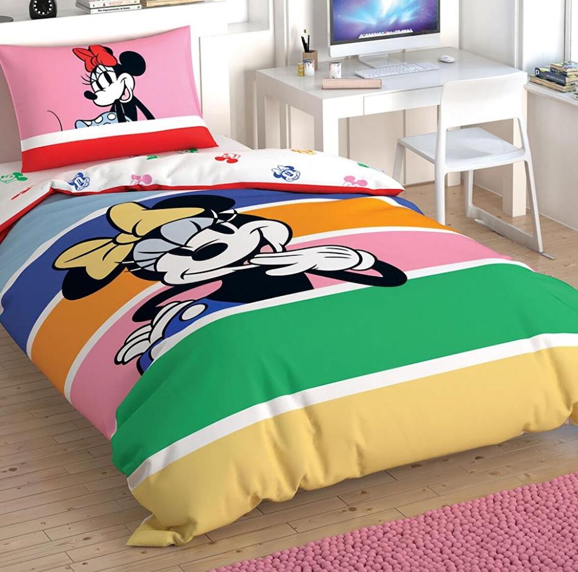 Taç Lisanslı Minnie Mouse Rainbo Tek Kişilik Nevresim Takımı