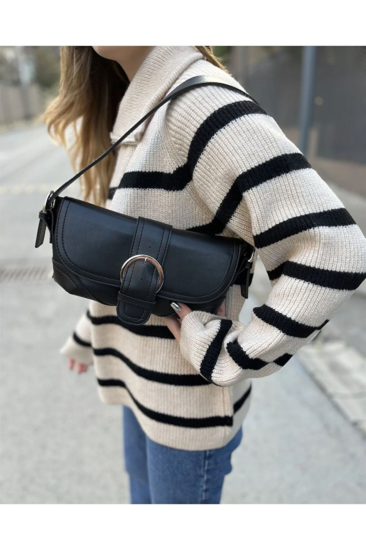 Tokalı Baget Çanta Siyah