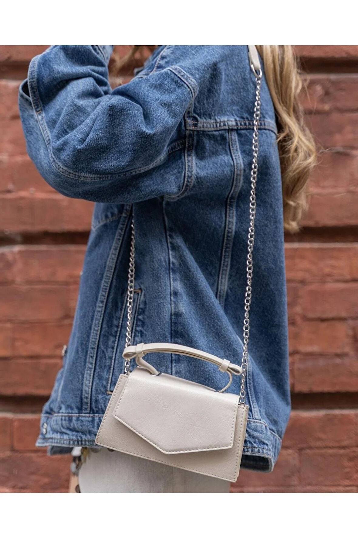 Kırışık Deri Mini City Çanta Krem