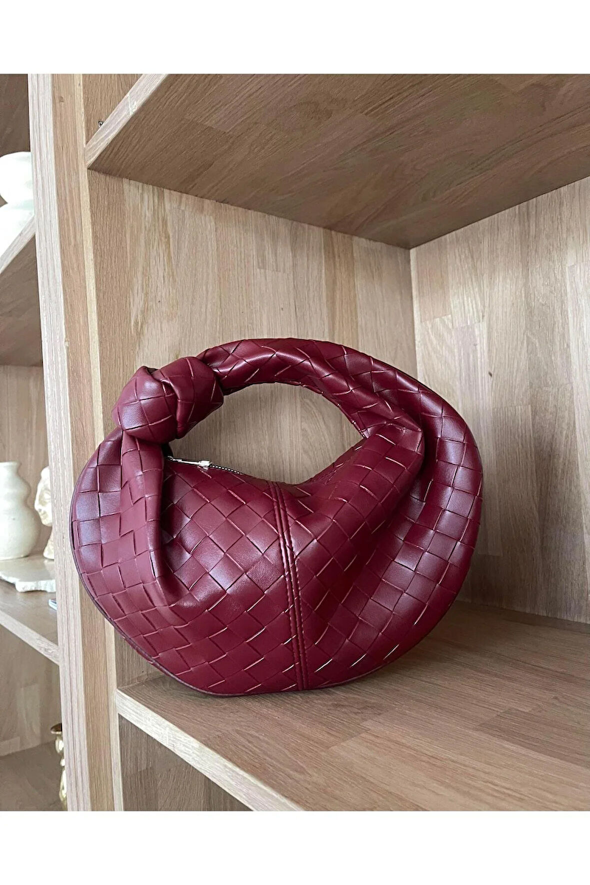 Düğüm Detaylı Örgülü Çanta Bordo