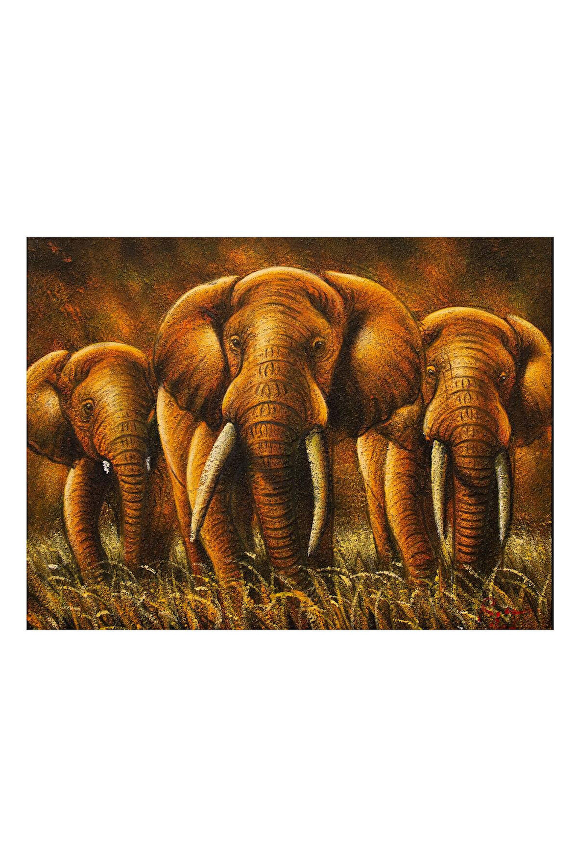 El Yapımı Altın Tonlarında 3’lü Fil Tuval Tablo Şans ve Bereket Sembolü