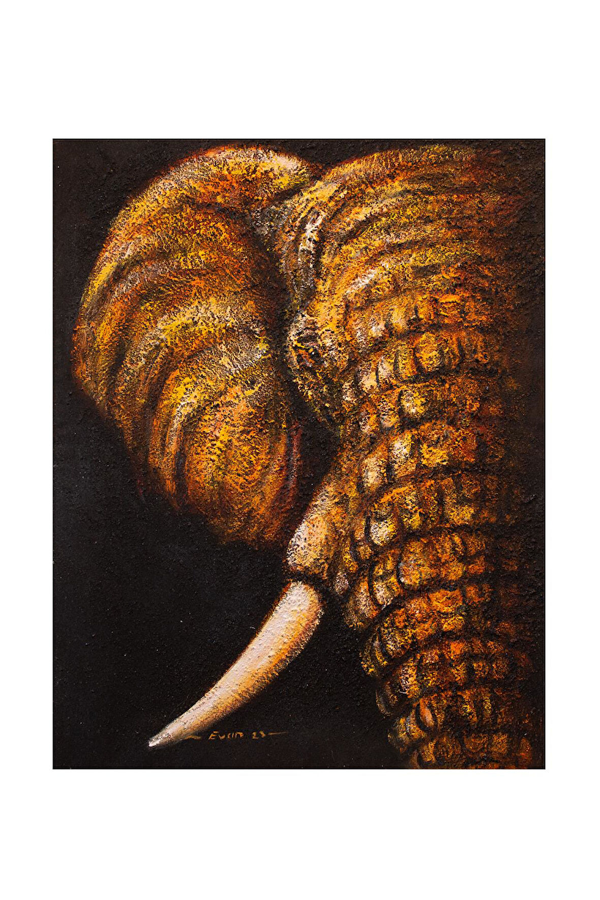 El Yapımı Altın Tonlarında Fil Tuval Tablo Şans ve Bereket Sembolü