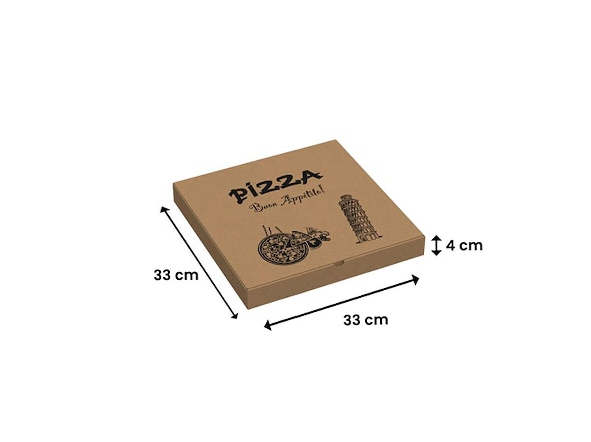33x33x4 - 25 Adet - Baskılı Esmer Pizza Kutusu (Orijinal Kraft)