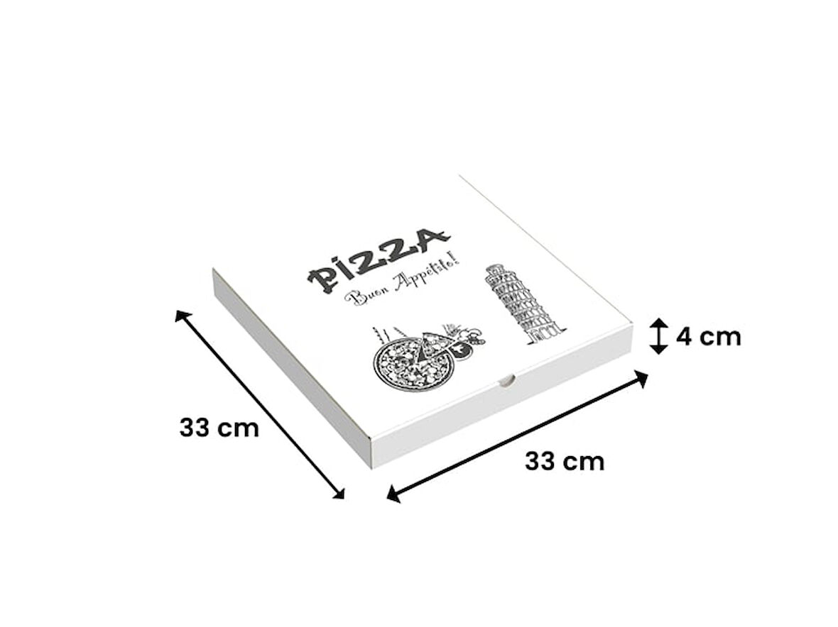 33x33x4 - 50 Adet - Baskılı Beyaz Pizza Kutusu (Orijinal Kraft)