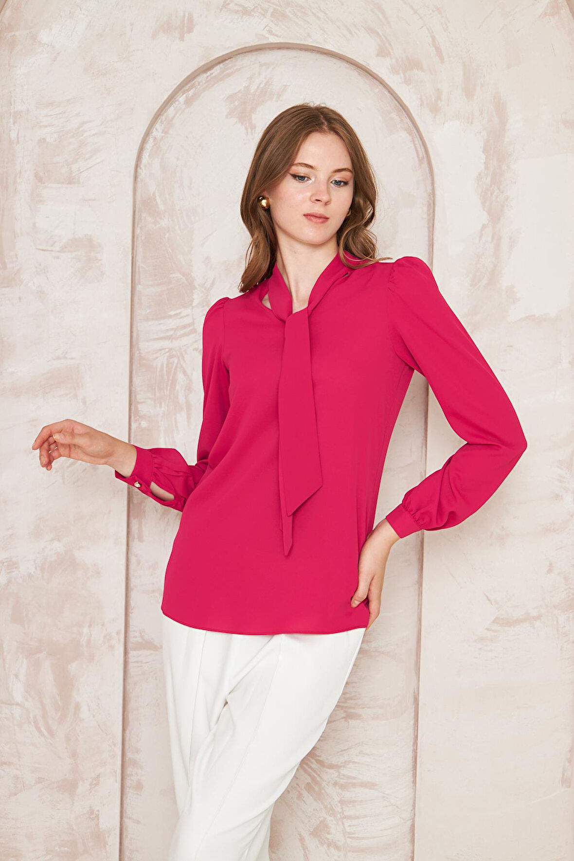 Büzgü Kol Fularlı Gömlek Fuşya
