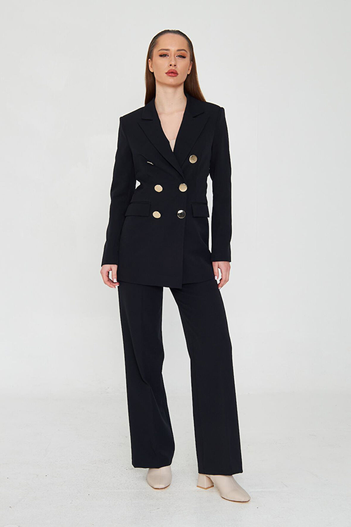 Büyük Gold Düğmeli Kruvaze Takım Siyah