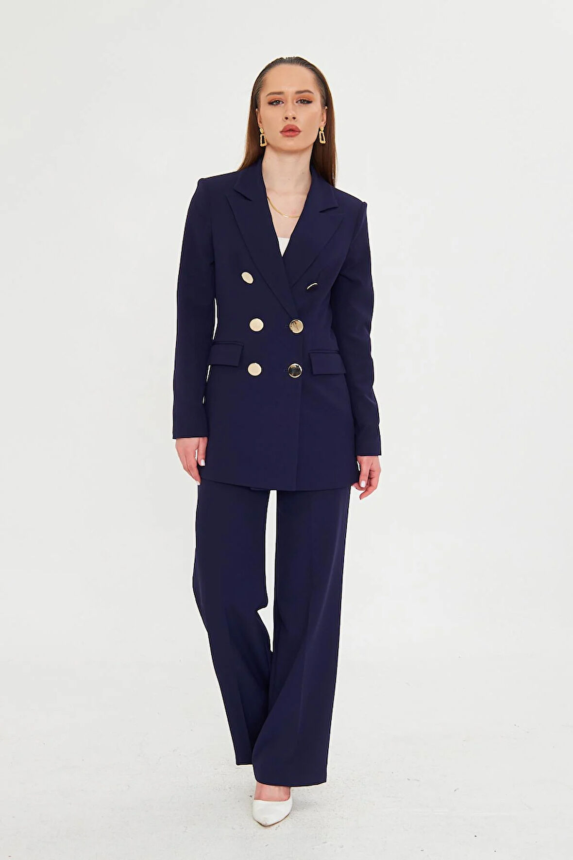 Büyük Gold Düğmeli Kruvaze Takım Lacivert