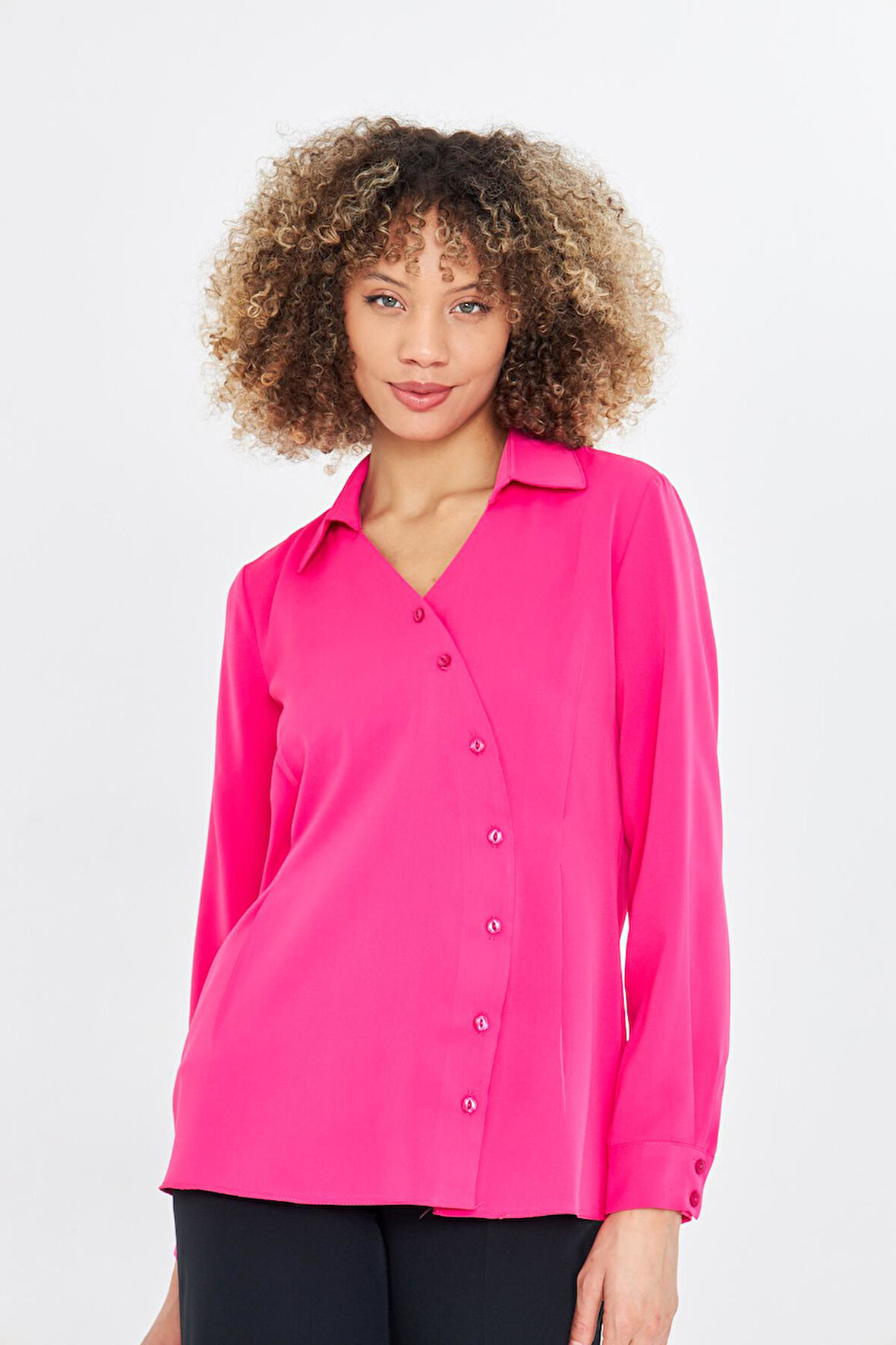  Asimetrik Pile Detay Gömlek Fuşya