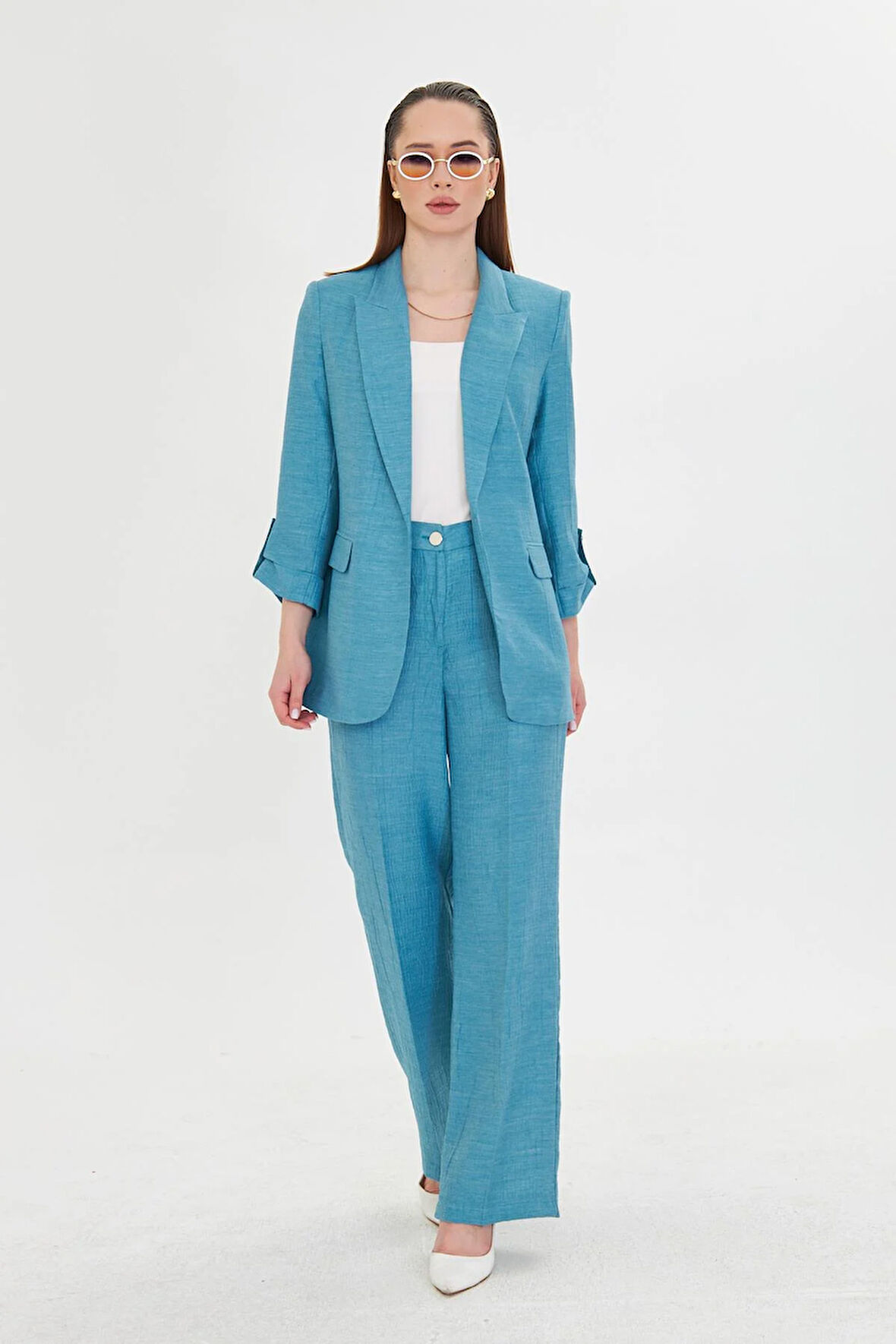 Gofre Kumaşlı Kolu Büzgülü Takım Petrol