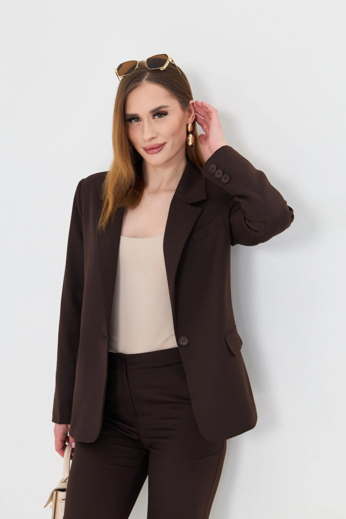 Tek Düğme Poliviskon Takım Kahve