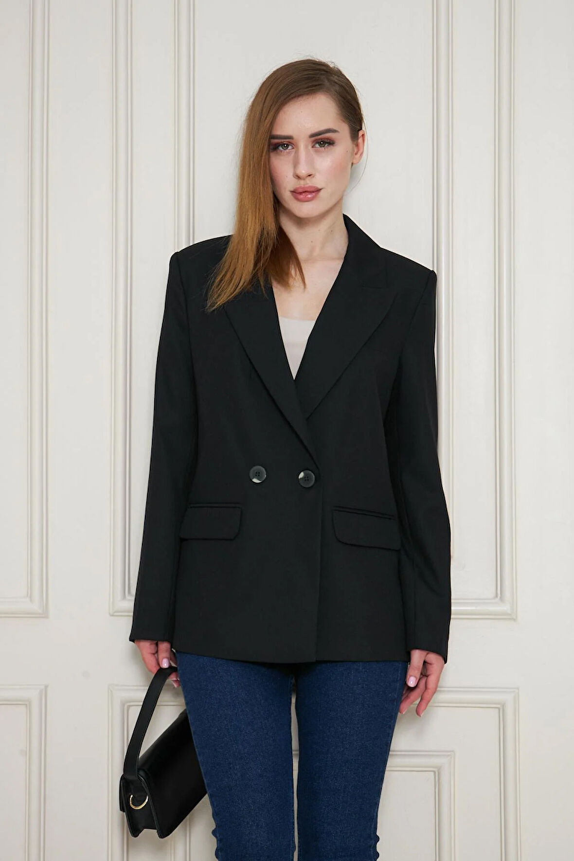 2 Düğmeli Kruvaze Poliviskon Ceket Siyah