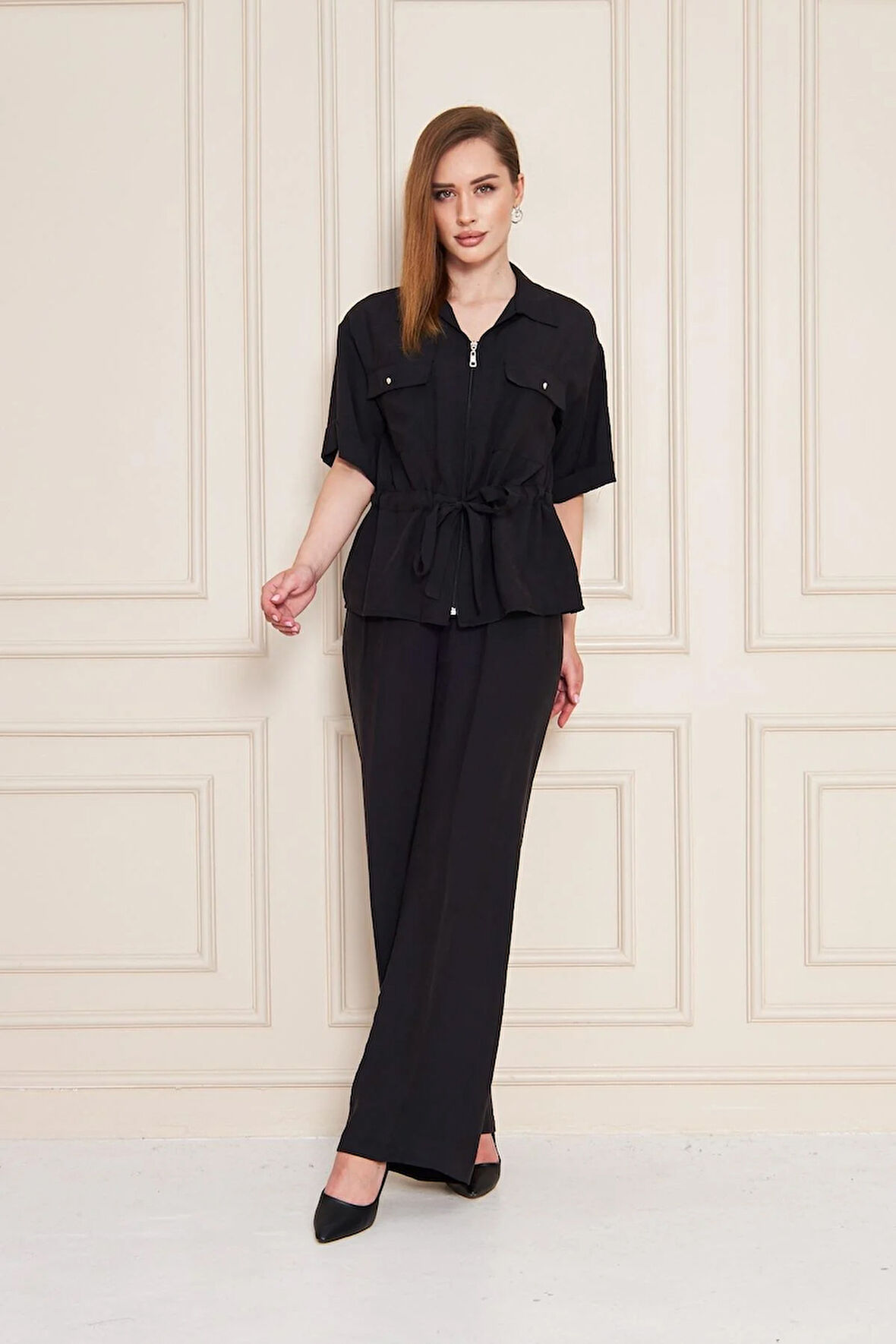 Fermuarlı Cep Detay Modal İkili Takım Siyah