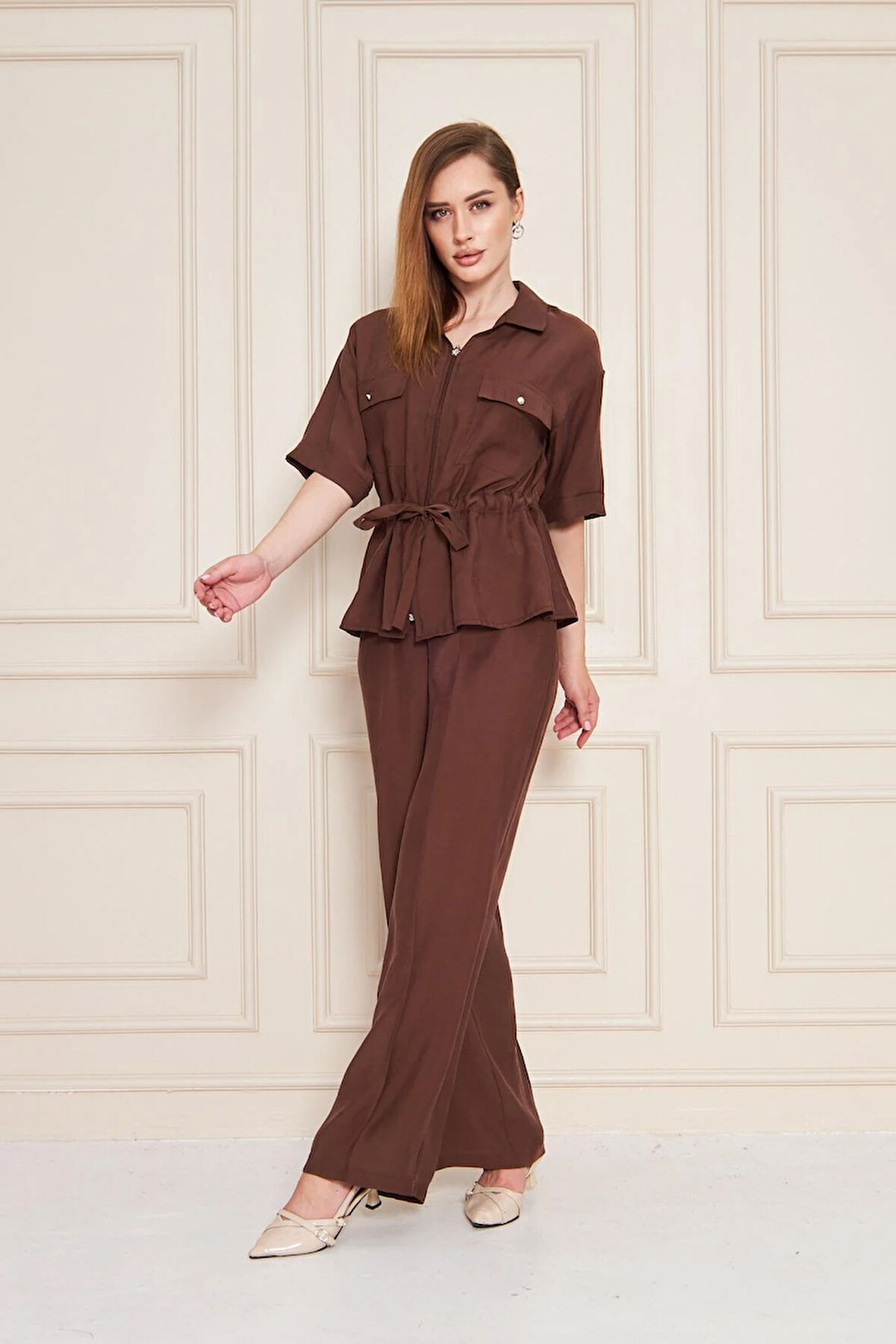 Fermuarlı Cep Detay Modal İkili Takım Kahve