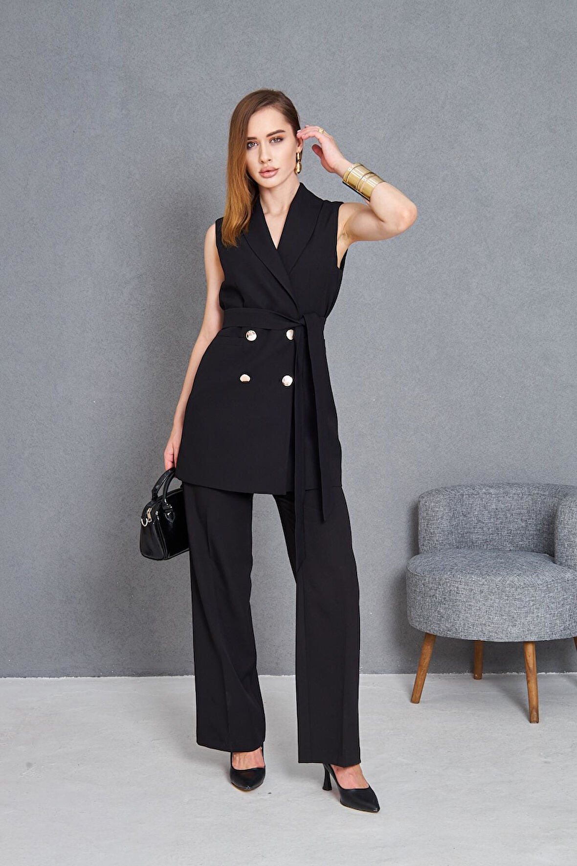Gold Düğme Kuşaklı Yelek Takım Siyah