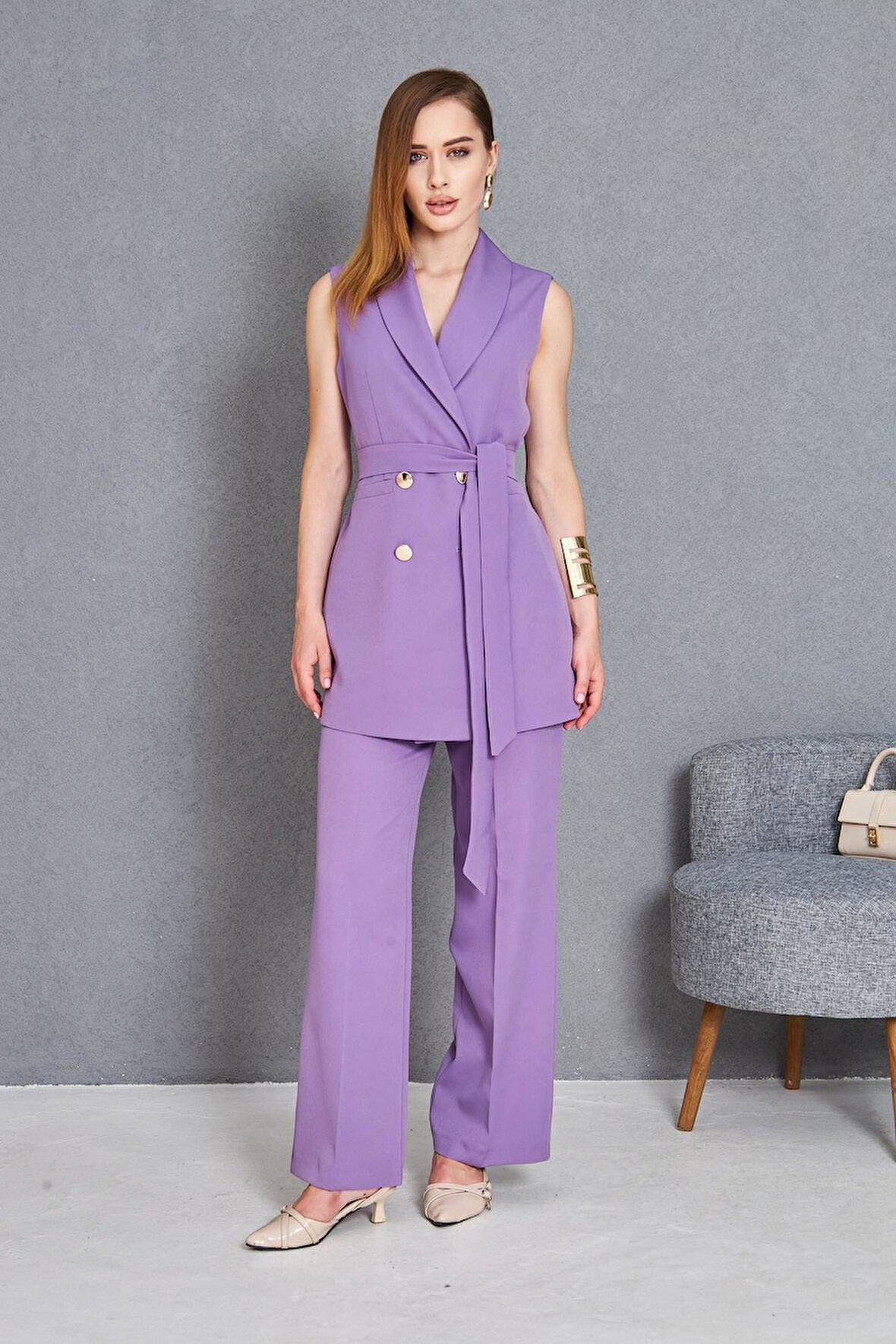 Gold Düğme Kuşaklı Yelek Takım Lila