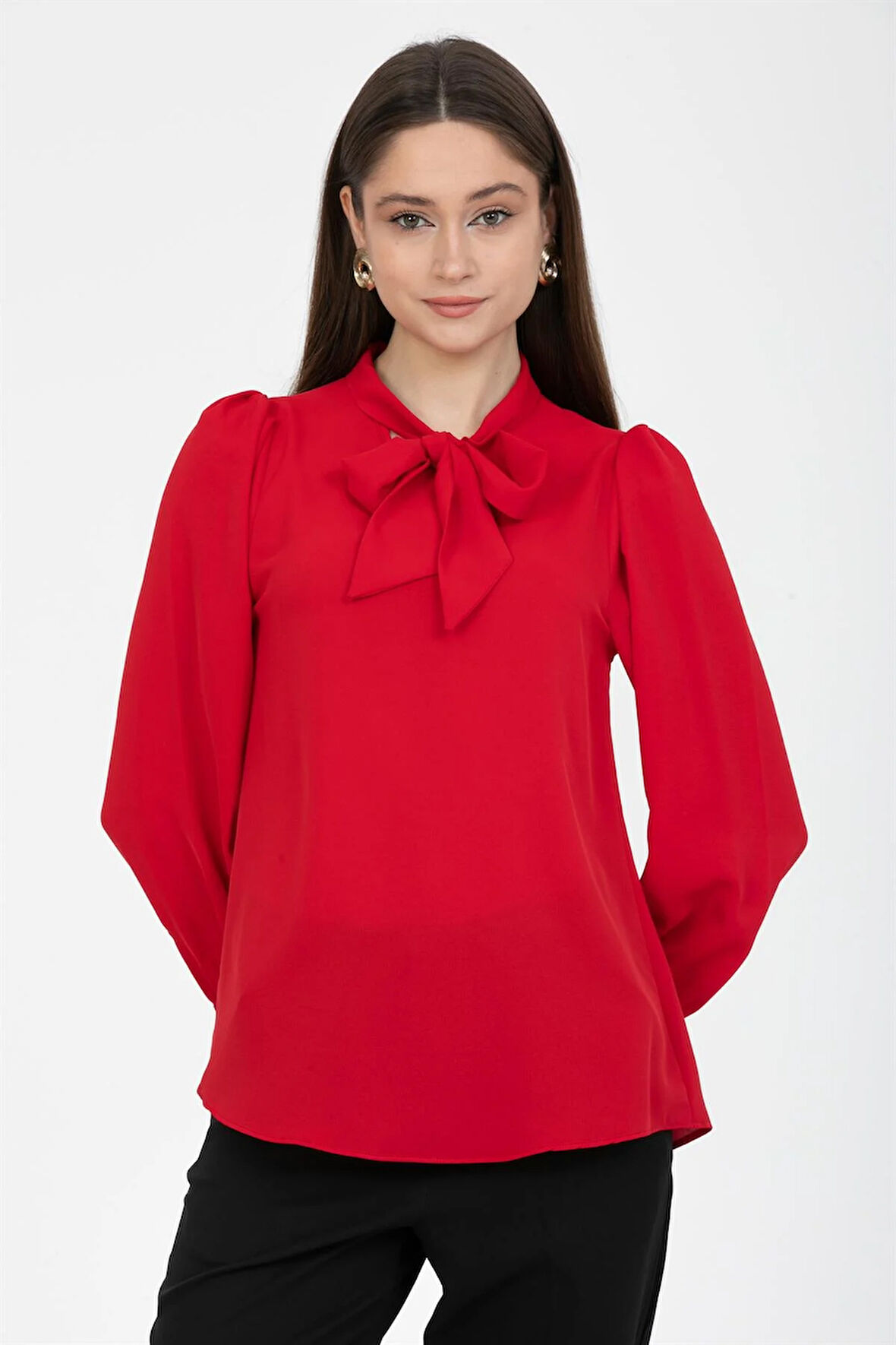 Büzgü Kol Fularlı Gömlek Kırmızı