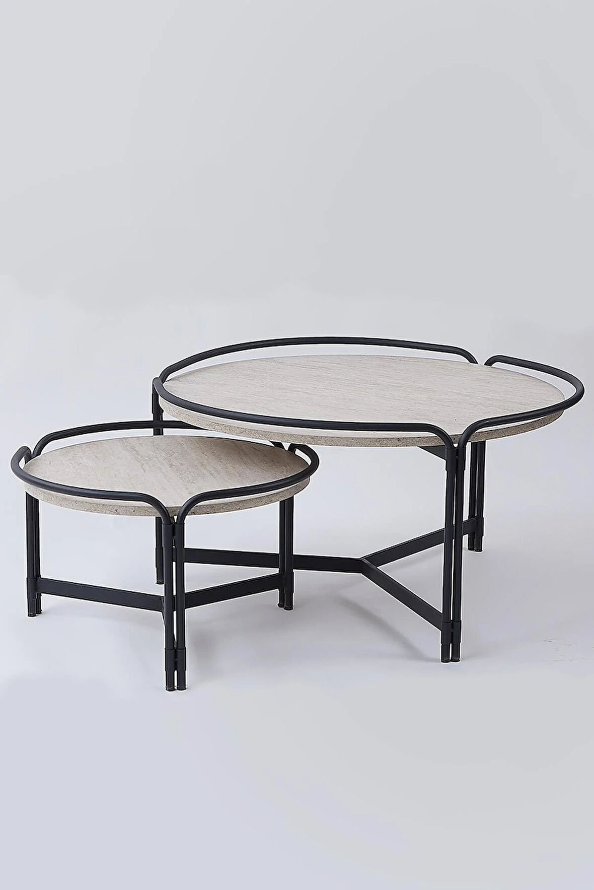  2'li Yuvarlak Orta Sehpa Seti – Modern Metal Ayaklı, Doğal Mermer Görünümlü Sehpa Takımı (80x45 cm + 60x35 cm)
