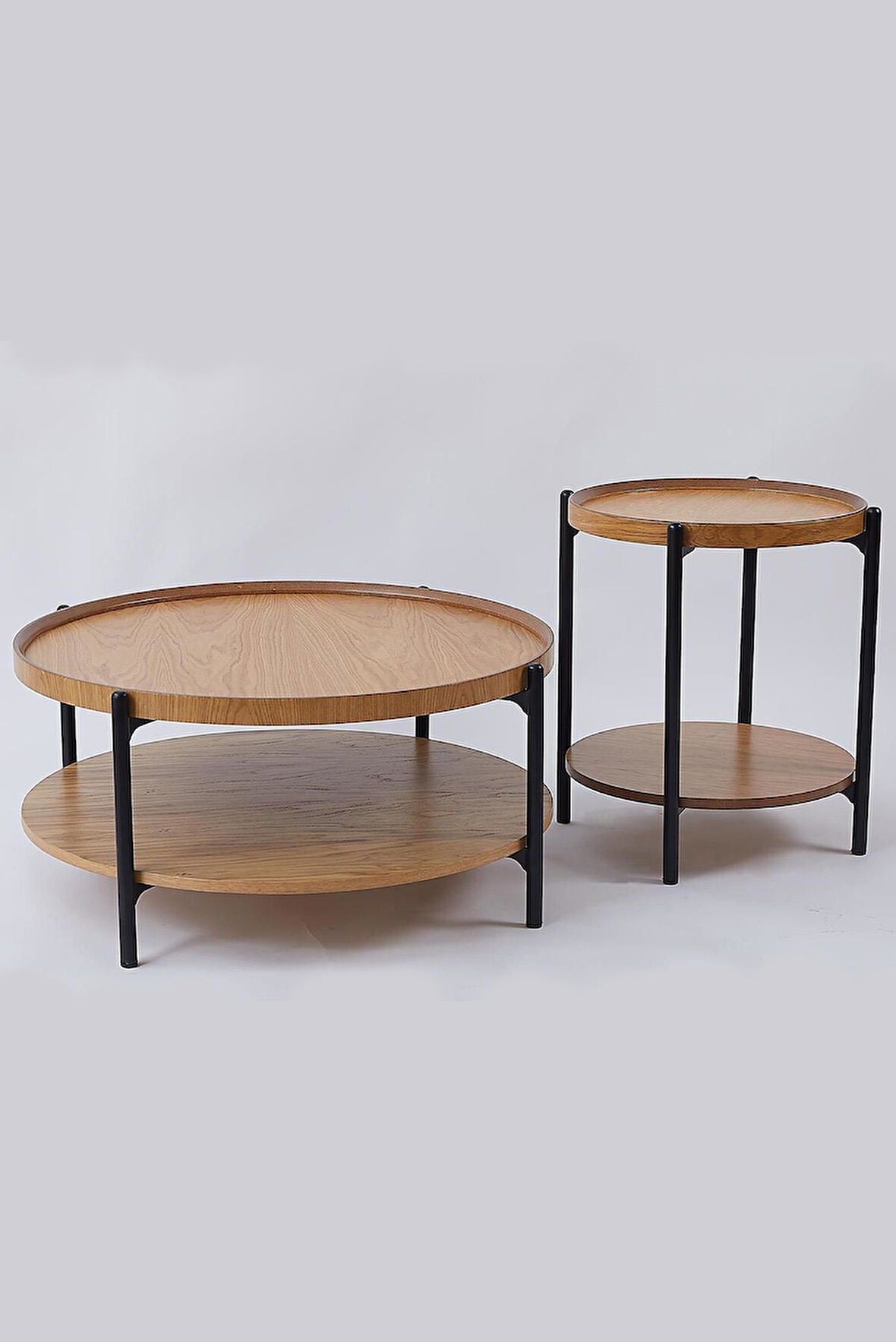 İkili Sehpa Seti – Orta Sehpa 80x42 cm & Yan Sehpa 48x59 cm, MDF Tabla, Siyah Metal Gövde