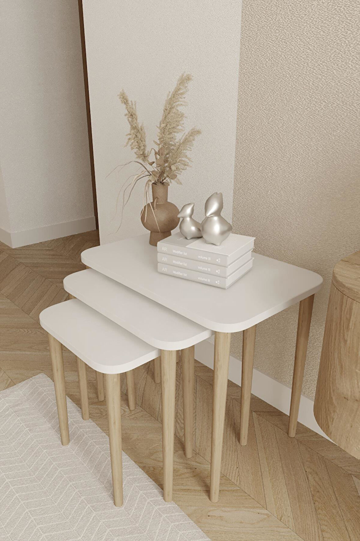 Dikdörtgen Zigon Sehpa 3'lü Set – Ahşap Ayaklı Modern Tasarım