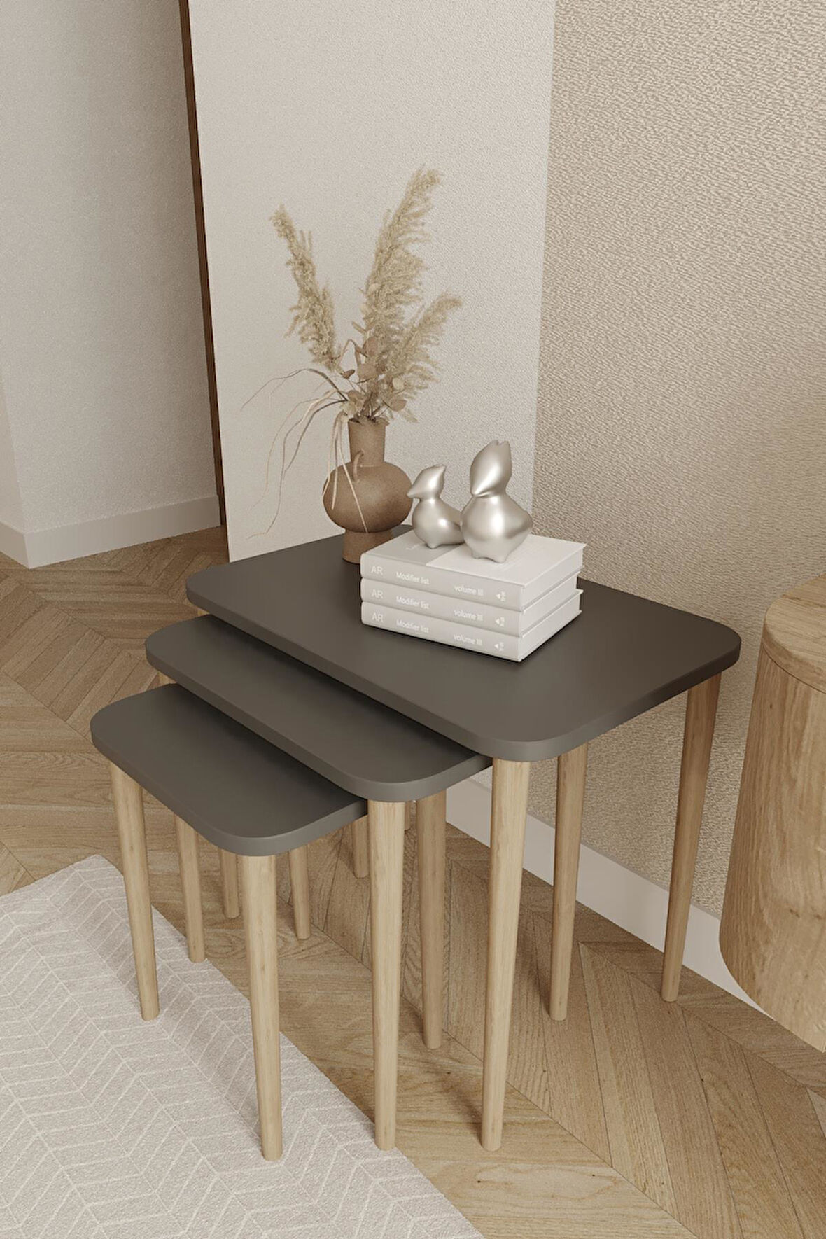 Dikdörtgen Zigon Sehpa 3'lü Set – Ahşap Ayaklı Modern Tasarım