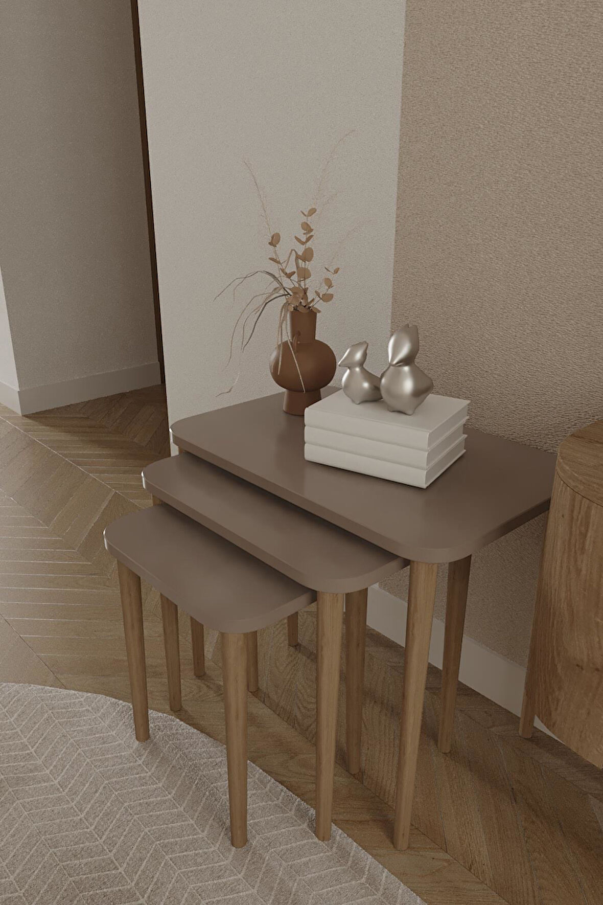 Dikdörtgen Zigon Sehpa 3'lü Set – Ahşap Ayaklı Modern Tasarım