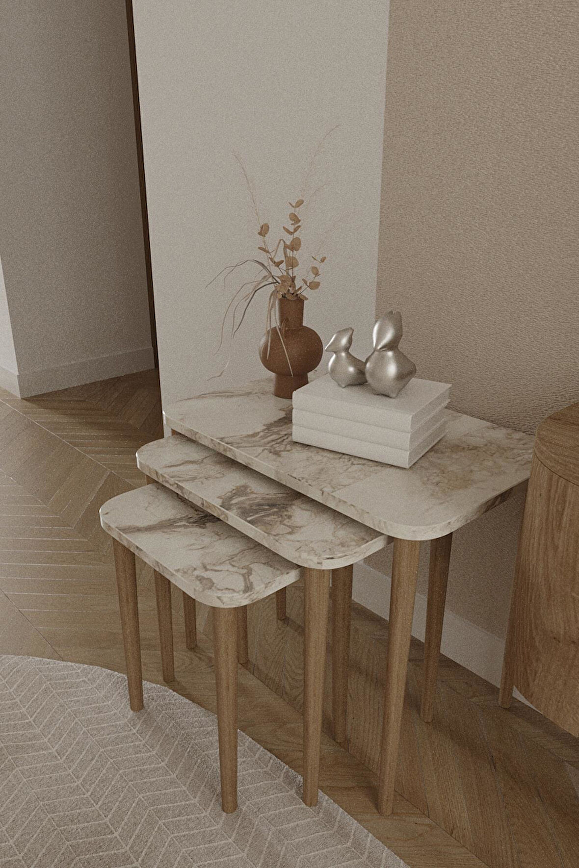 Dikdörtgen Zigon Sehpa 3'lü Set – Ahşap Ayaklı Modern Tasarım