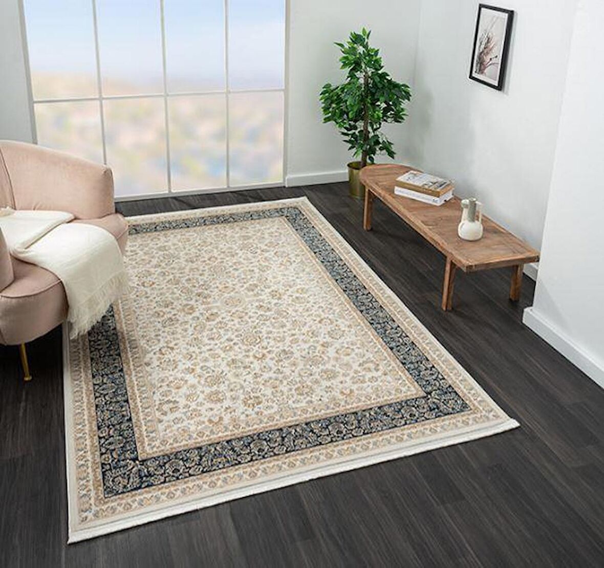 Çam Halı Jasmin EP002T Krem Lacivert Klasik Desen Salon Halısı