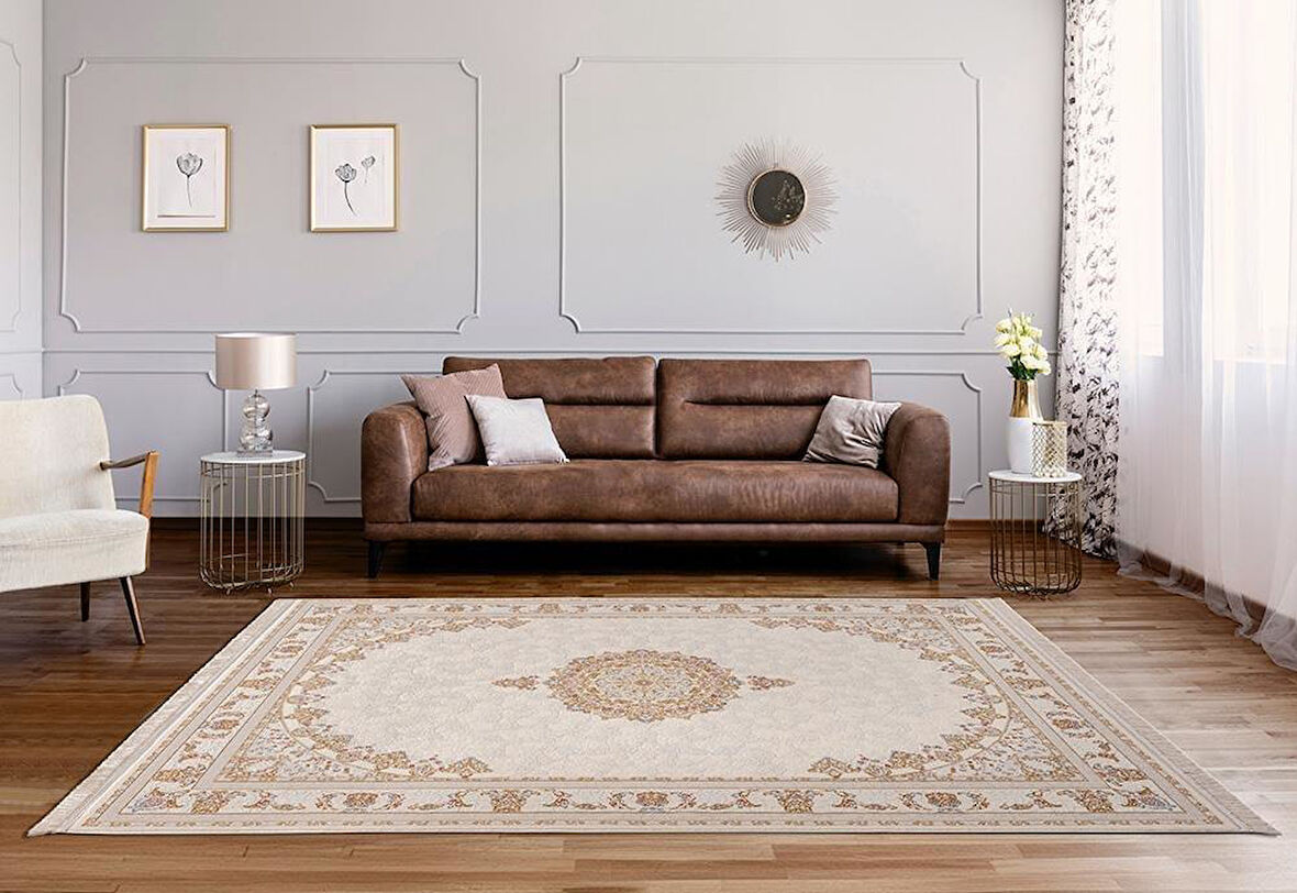 ÇAM Halı FLORA FR005A Beyaz Gold Koridor Halısı Mutfak Halısı Salon Halısı