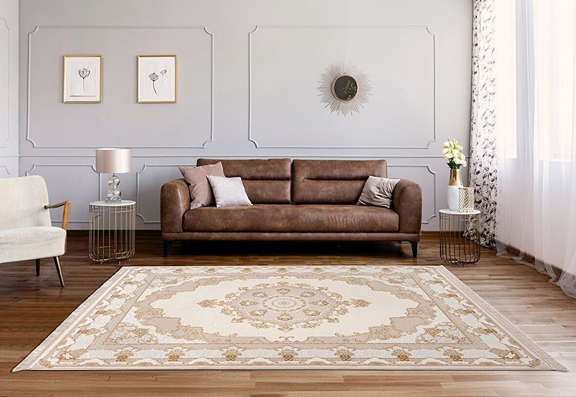 ÇAM Halı FLORA FR007A Beyaz Gold Koridor Halısı Mutfak Halısı Salon Halısı