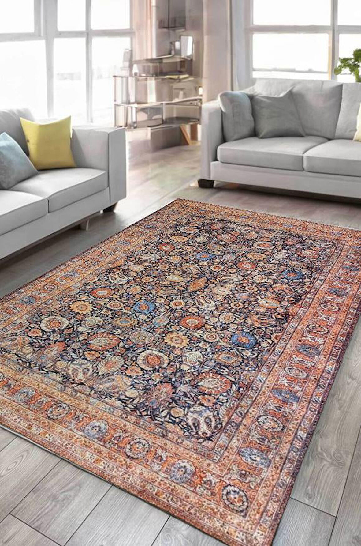 Çam Halı Siesta Vintage 32-041 Etnik Eskitme Desenli Dokuma Tabanlı Yıkanabilir Şönil Salon ve Oda Halısı