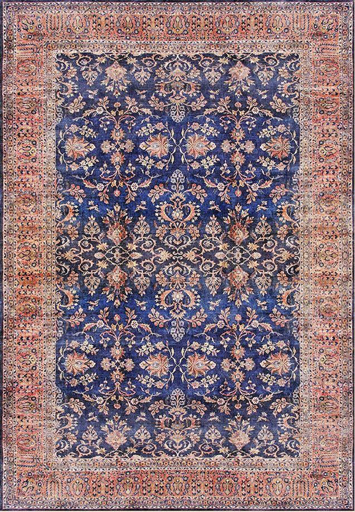 Çam Halı Siesta Vintage 32-041 Lacivert Etnik Eskitme Desenli Dokuma Tabanlı Yıkanabilir Şönil Salon ve Oda Halısı