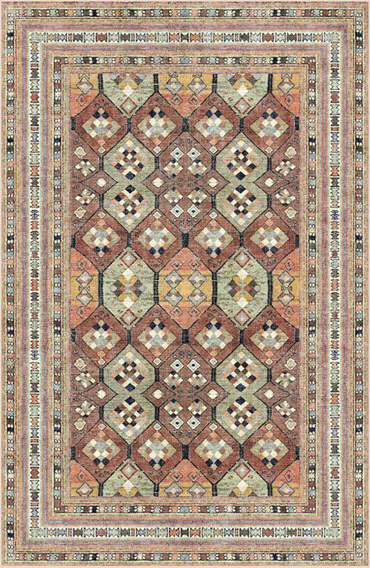 Çam Halı Siesta Vintage 32-547 Etnik Eskitme Desenli Dokuma Tabanlı Yıkanabilir Şönil Salon ve Oda Halısı