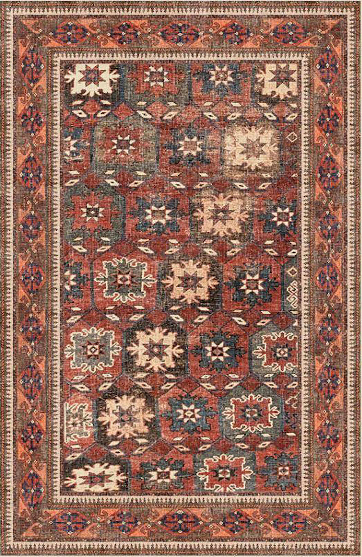 Çam Halı Siesta Vintage 32-540 Etnik Eskitme Desenli Dokuma Tabanlı Yıkanabilir Şönil Salon ve Oda Halısı