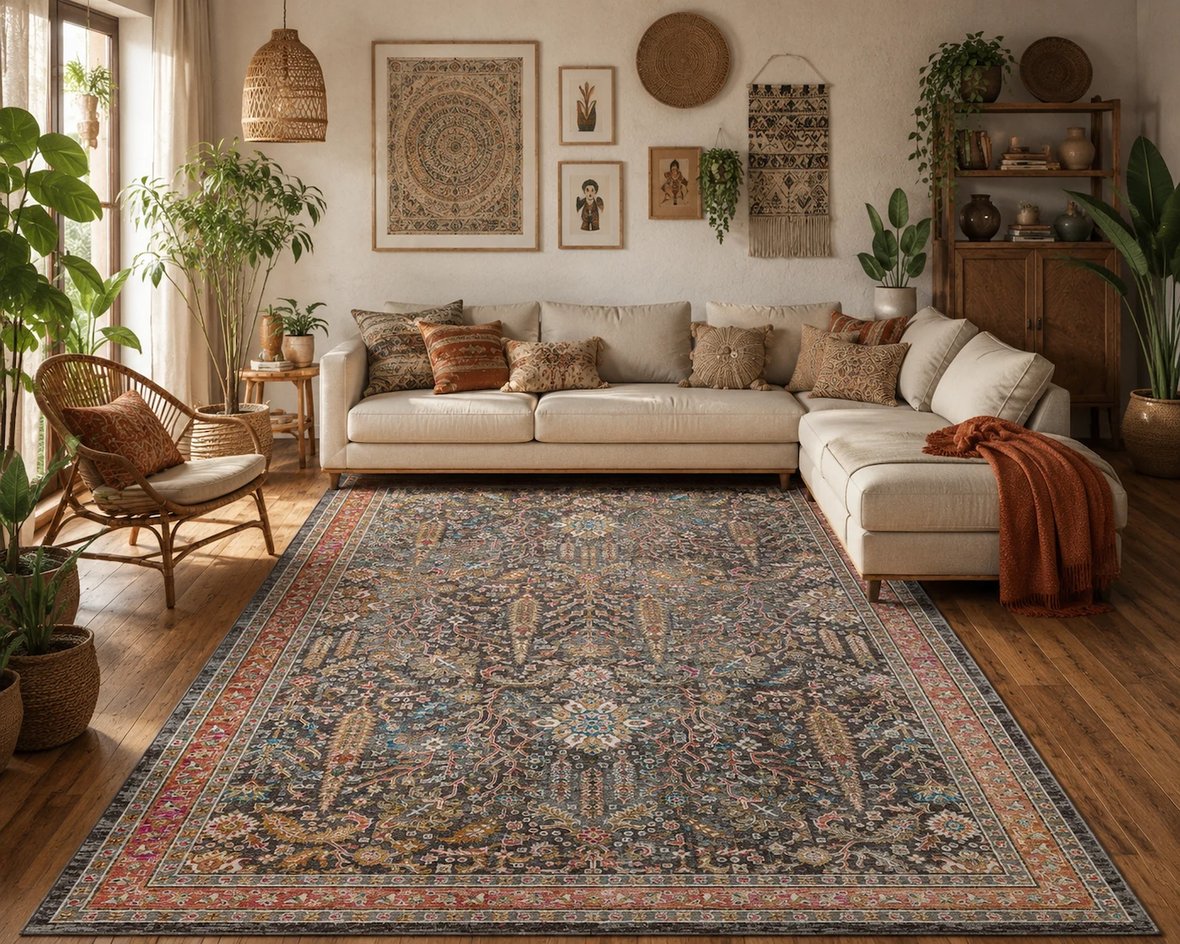 SOFIA SOF 01 MULTY Geleneksel El Dokuması Uşak Halı Desenlerine Sahip Vintage Eskitme Tarzı Salon Halısı Oturma Odası Halısı