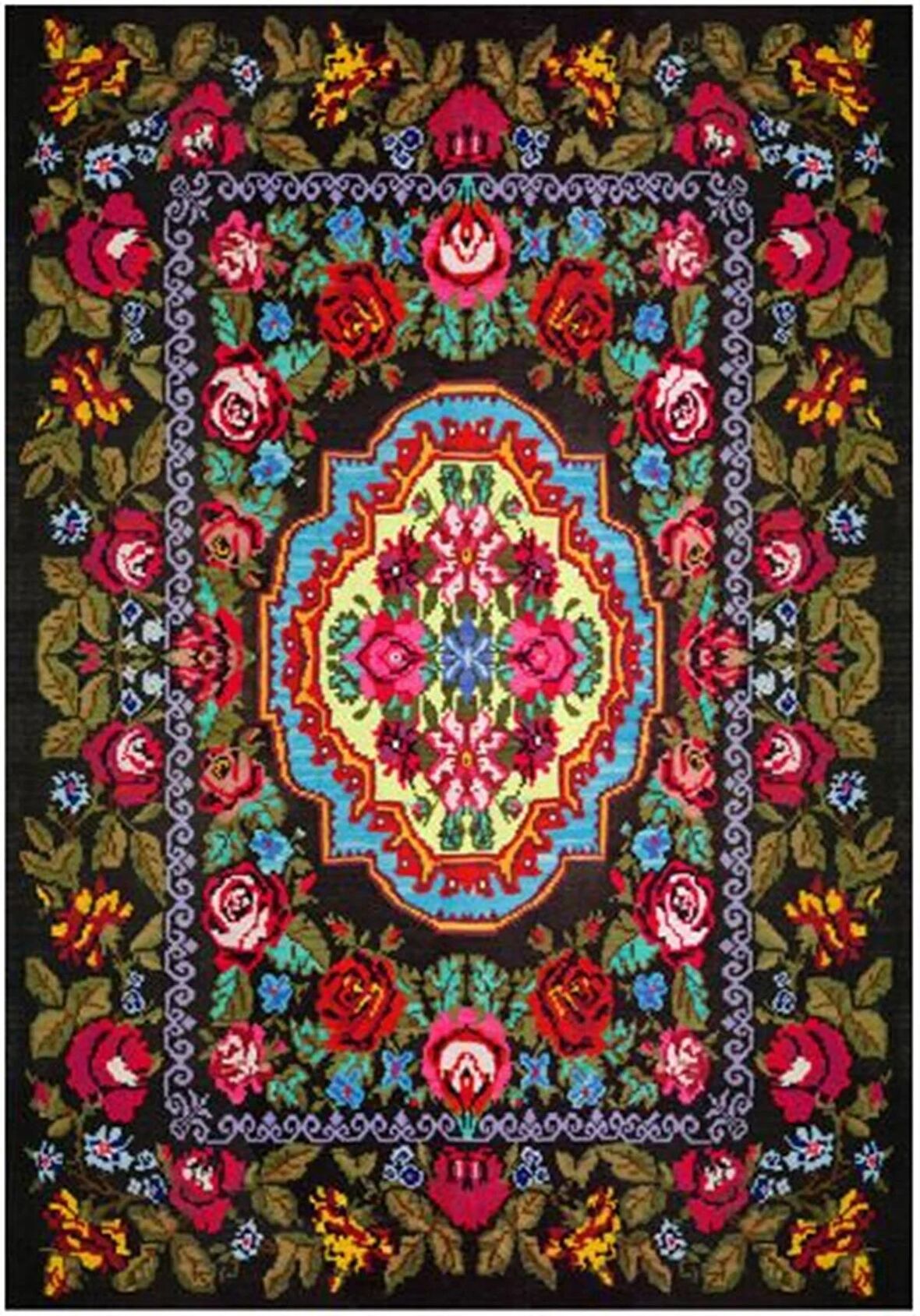 Çam Halı Gloria TD726 Siyah Karabağ Desen Dokuma Saçaklı Kilim