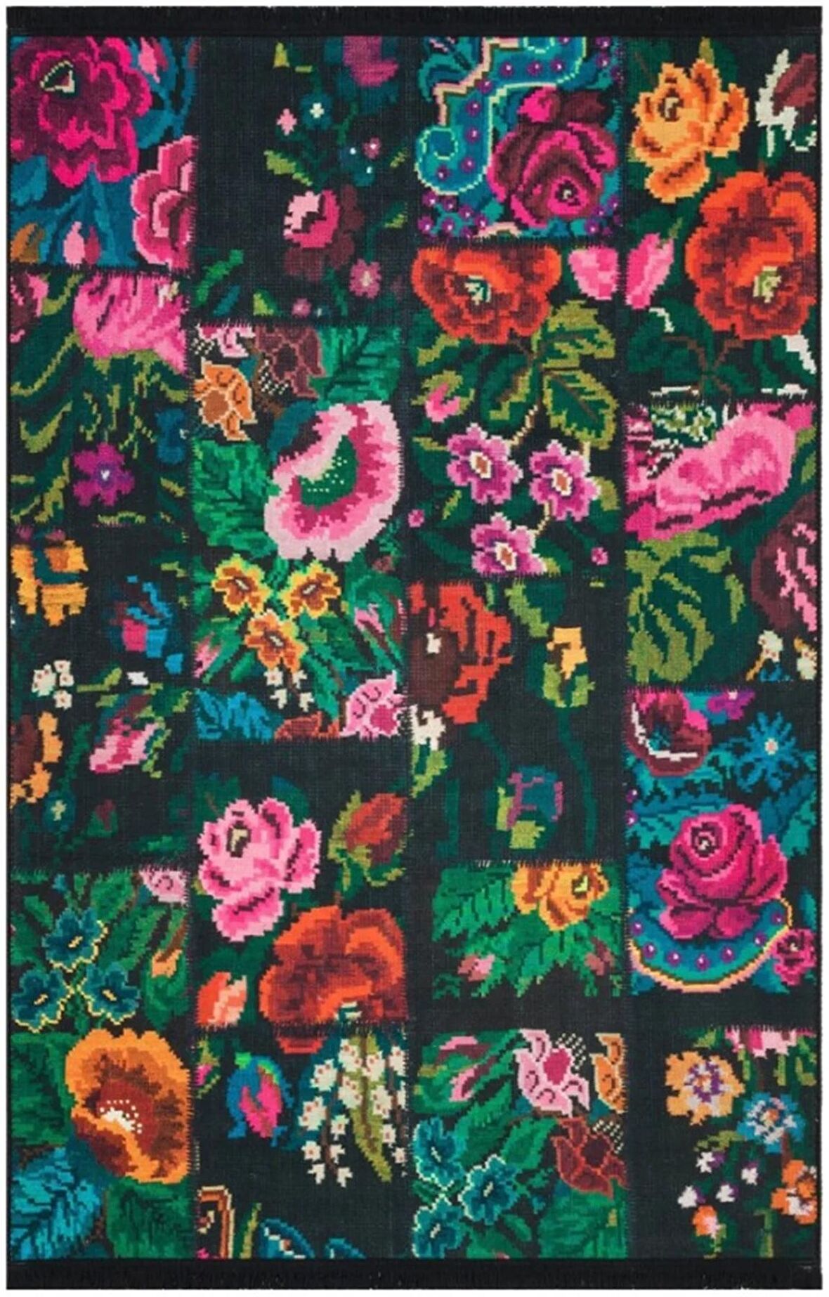 Çam Halı Gloria TD3251 Siyah Karabağ Patchwork Desen Dokuma Saçaklı Kilim