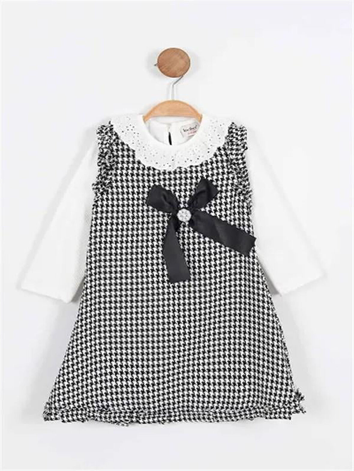  Kazayağı Desen Fiyonk Detaylı Uzun Kol Badili Kız Çocuk Elbise, Takım (3-7 Yaş)- i0720