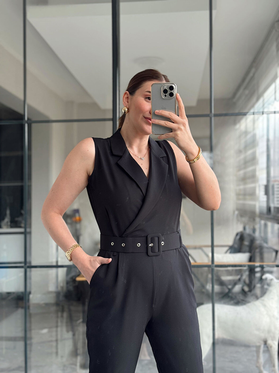 Kruvaze Yaka Kemerli Kadın Tulum