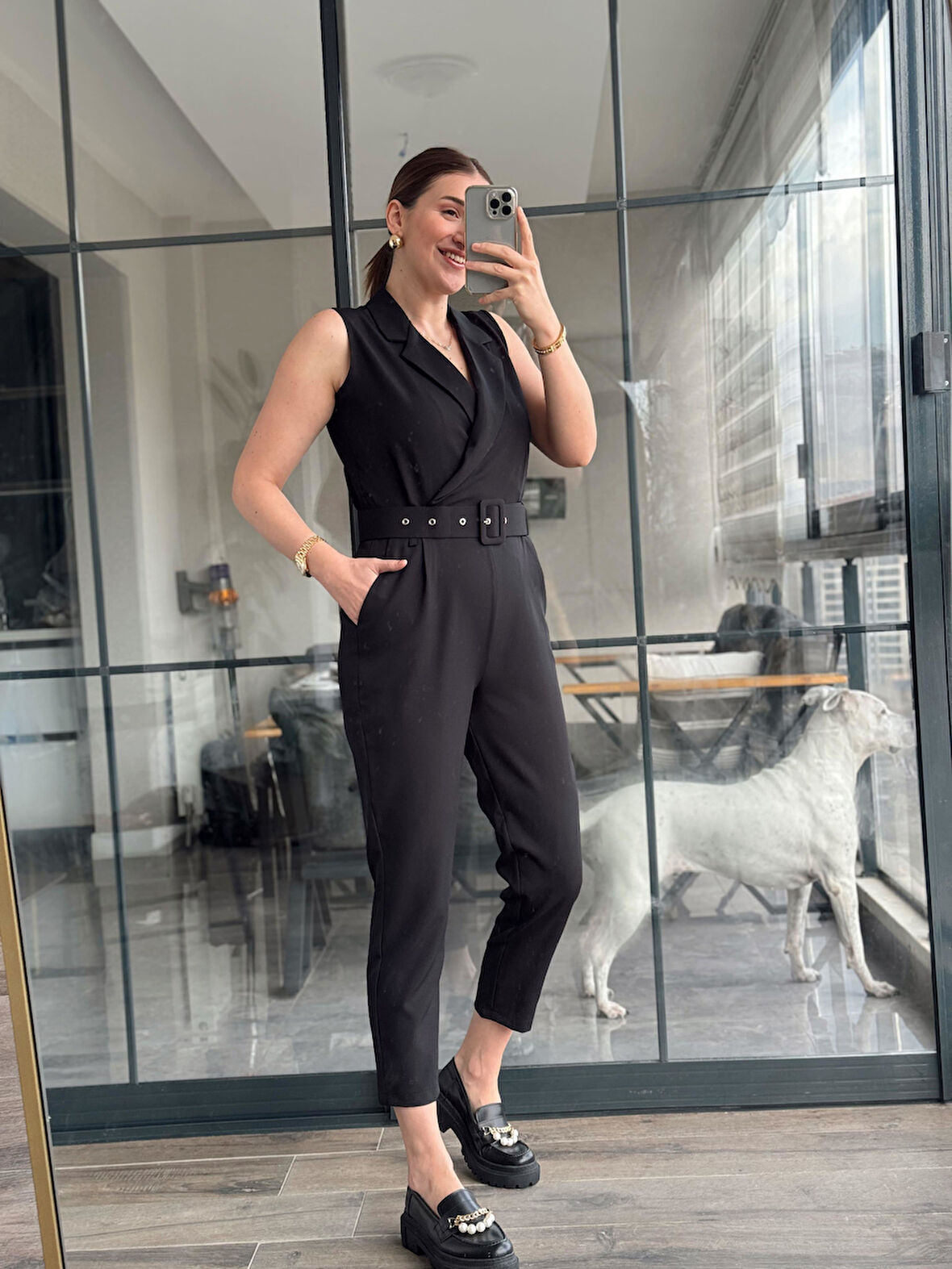 Kruvaze Yaka Kemerli Kadın Tulum