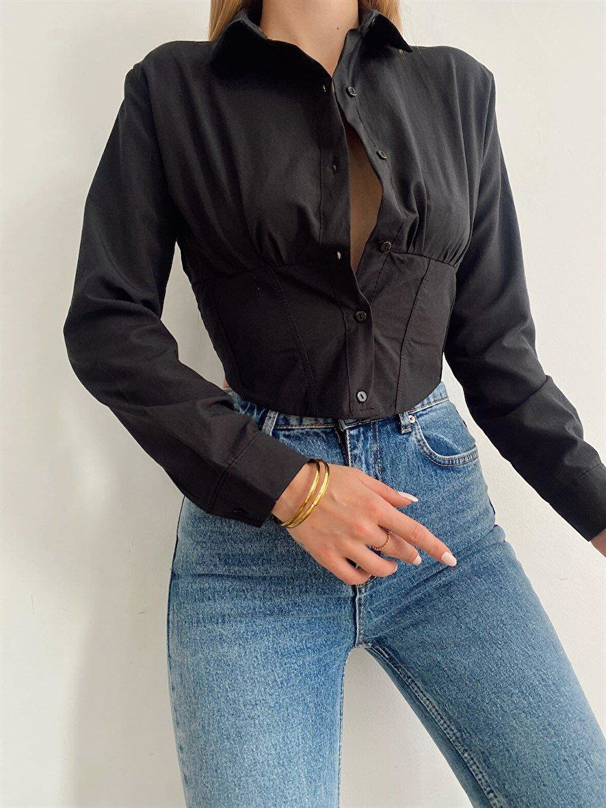 Kadın Beli Lastikli Korse Crop Gömlek