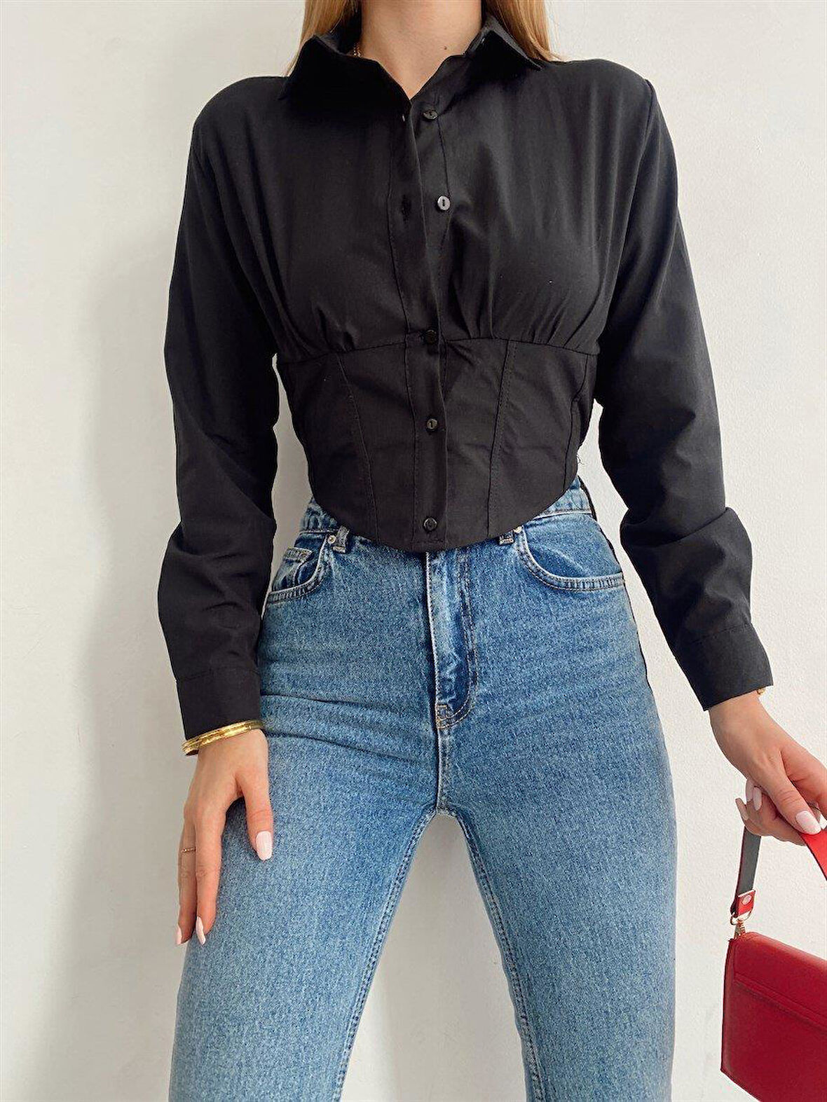 Kadın Beli Lastikli Korse Crop Gömlek