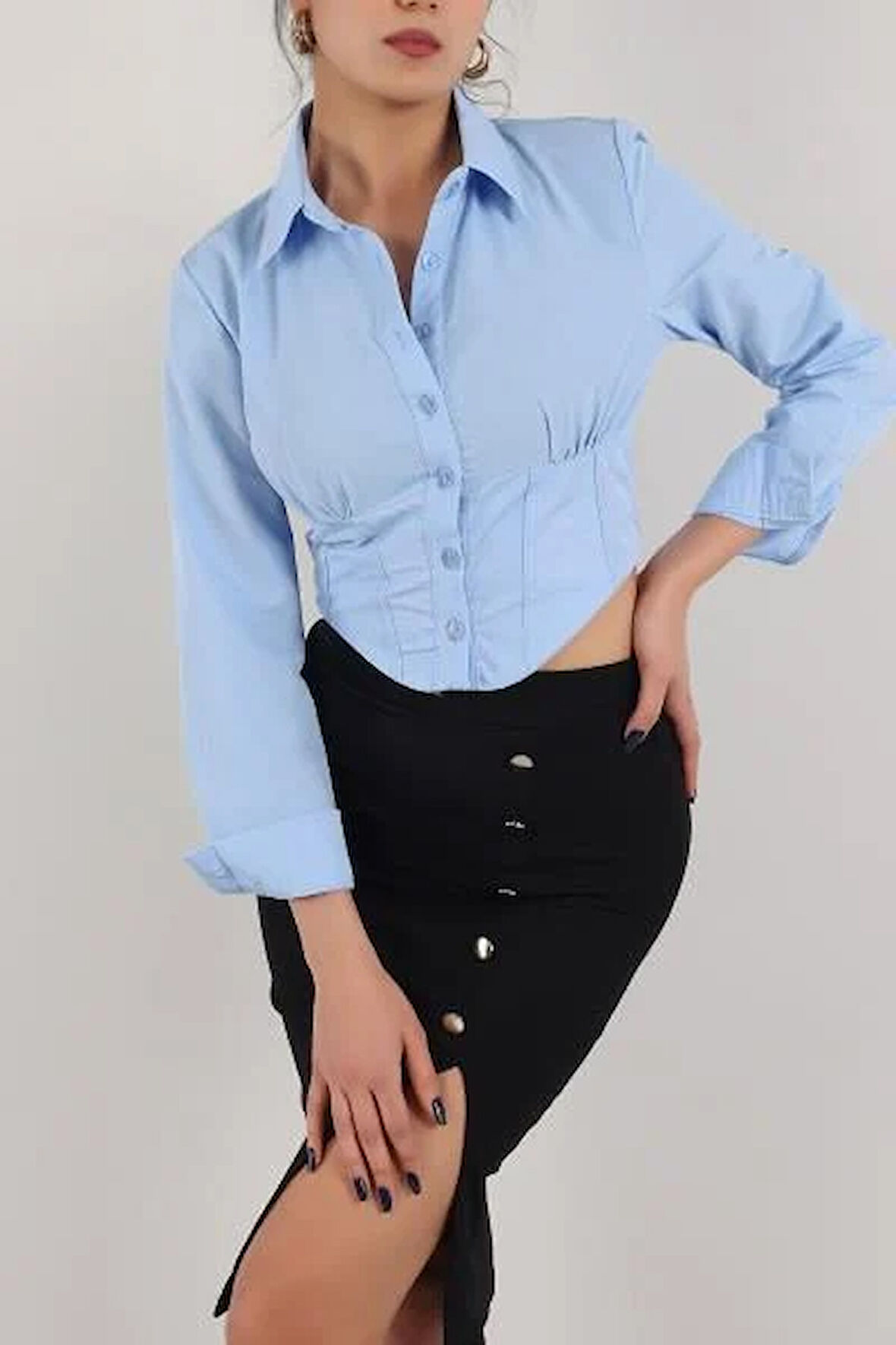 Kadın Beli Lastikli Korse Crop Gömlek