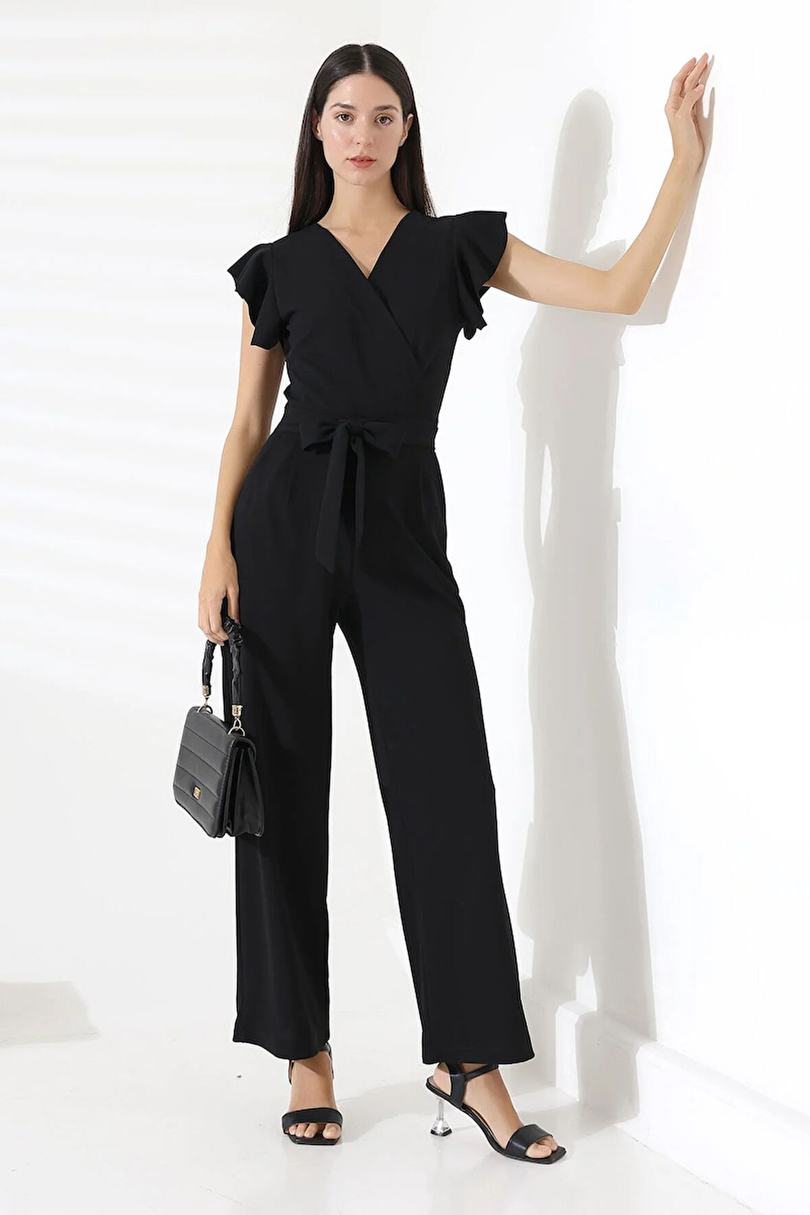 Kolu Volanlı Fırfırlı Beli Kuşaklı Kruvaze Tulum