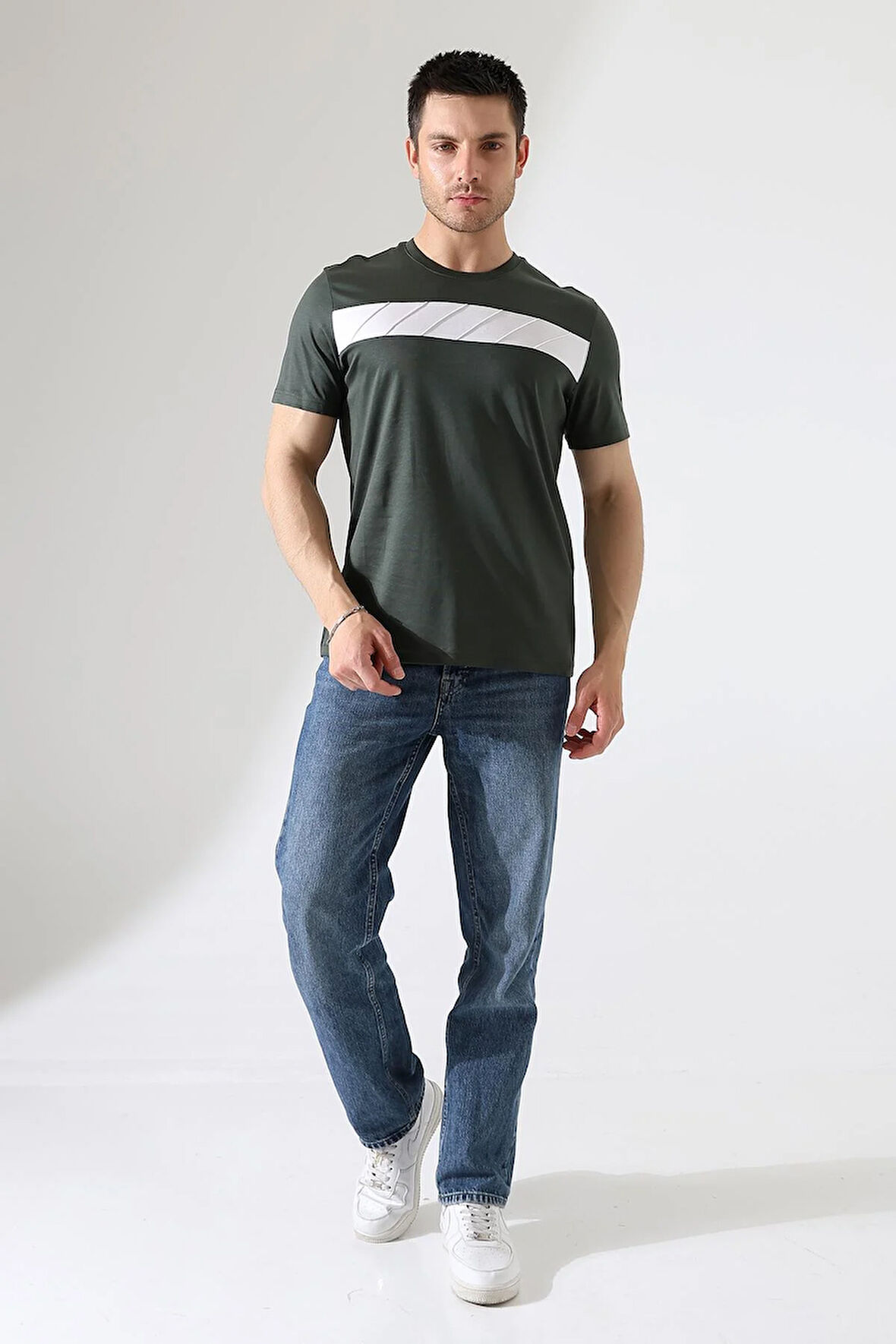 Erkek İki Renk Parçalı Bisiklet Yaka T-Shirt - Pamuklu Tişört